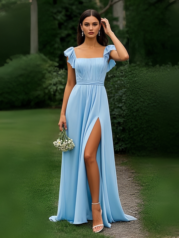 Square Neck Blue Chiffon Cap Sleeve Prom Dress With Slit