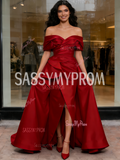 Satin A Line Ruffles Red Off The Shoulder Prom Dress With Slit