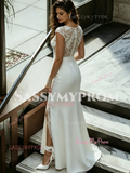 Scoop Lace Sheath Column Tulle Wedding Dress With Slit