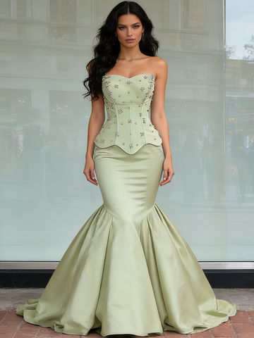 Trumpet Mermaid Green Beading Strapless Satin Prom Dress