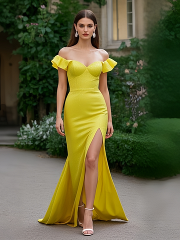 Backless Trumpet Mermaid Yellow Sequin Ruffles Prom Dress With Slit