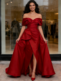 Satin A Line Ruffles Red Off The Shoulder Prom Dress With Slit