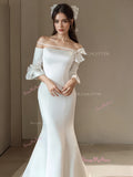 Off The Shoulder Trumpet Mermaid Satin Half Sleeve Bow Wedding Dress