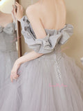 Gray Tulle Ruffles A Line Off The Shoulder Prom Dress