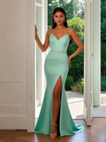 Trumpet Mermaid Satin Beading Mint Green Prom Dress With Slit