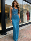 One Shoulder Sequin Trumpet Mermaid Blue Beading Prom Dress