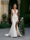 Deep V Neck Backless Lace Trumpet Mermaid Wedding Dress With Slit