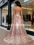 Sequin Colorful V Neck A Line Floral Prom Dress