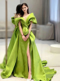 A Line Ruched Off The Shoulder Green Satin Prom Dress With Slit