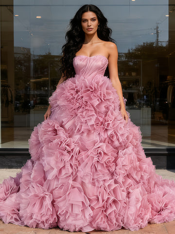 Ruffles Tulle Ball Gown Pink Strapless Prom Dress