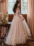 Off The Shoulder Tulle Flower Pink Wedding Dress