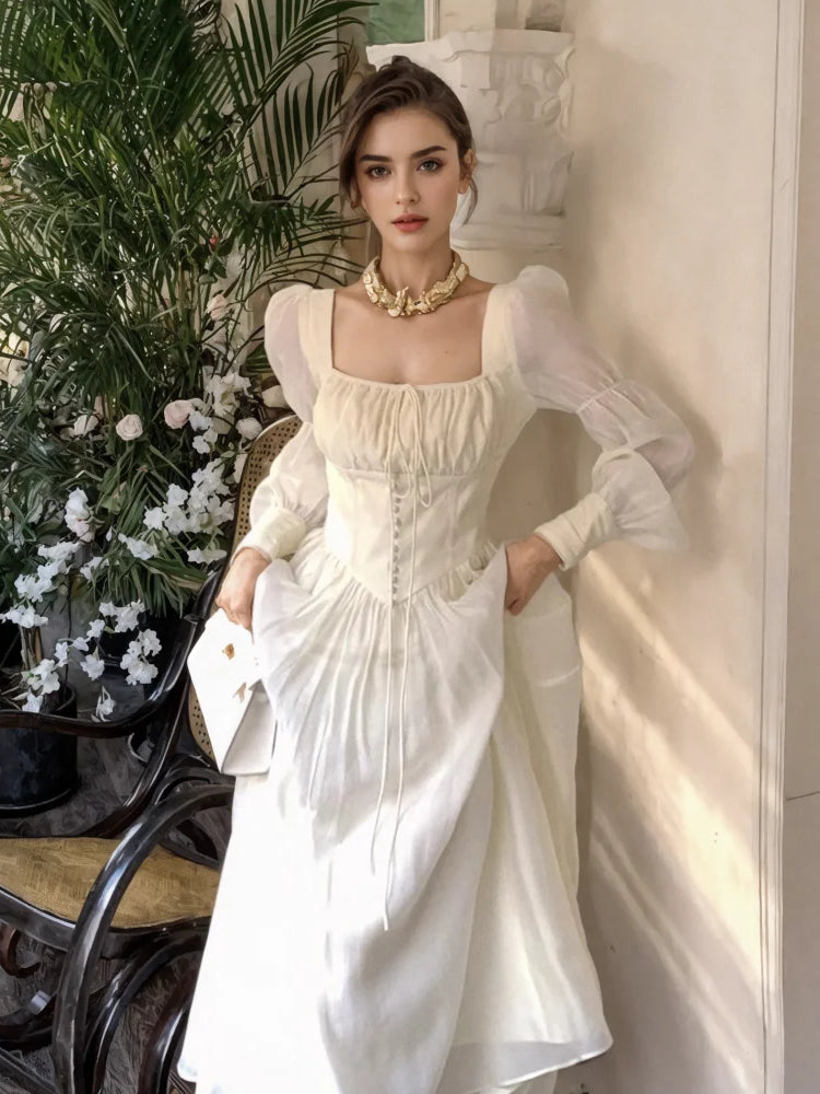 Chiffon Puffy Sleeves Flowy Ivory Corset Dress Chiffon Puffy Sleeves Flowy Ivory Corset Dress