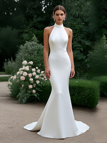 Trumpet Mermaid Backless Halter Satin Wedding Dress