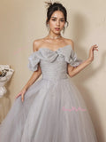 Gray Tulle Ruffles A Line Off The Shoulder Prom Dress