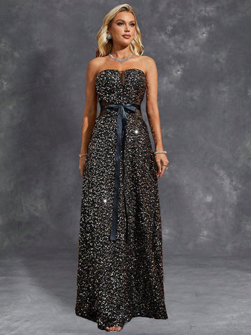 Sparkle Sequin Belt Sheer Waist Black Prom Dress