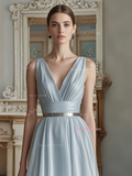 Blue Belt A Line V Neck Chiffon Prom Dress