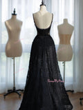 Lace Beading A Line Black Spaghetti Straps Prom Dress