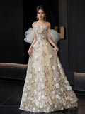 Champagne Floral Sweetheart A Line Puffy Sleeve Prom Dress