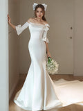 Off The Shoulder Trumpet Mermaid Satin Half Sleeve Bow Wedding Dress