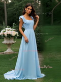 Square Neck Blue Chiffon Cap Sleeve Prom Dress With Slit