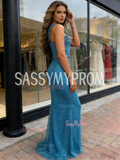 One Shoulder Sequin Trumpet Mermaid Blue Beading Prom Dress