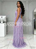 One Shoulder Tulle Sparkle Purple Ruffles A Line Prom Dress
