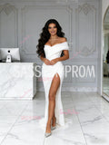 Satin Tulle Trumpet Mermaid Off The Shoulder Wedding Dress With Slit