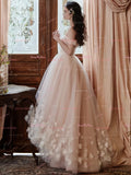 Off The Shoulder Tulle Flower Pink Wedding Dress