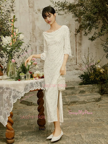 Scoop A Line Lace Half Sleeves Wedding Dress With Slit US2 Scoop A Line Lace Half Sleeves Wedding Dress With Slit US2