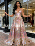 Sequin Colorful V Neck A Line Floral Prom Dress