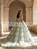 Green Ball Gown Sequin Strap Tulle Ruffles Prom Dress