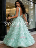 Green Feather Sequin A Line Tulle Prom Dress