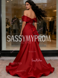 Satin A Line Ruffles Red Off The Shoulder Prom Dress With Slit