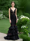 Mermaid Backless V Neck Lace Ruffles Black Prom Dress