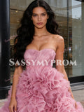 Ruffles Tulle Ball Gown Pink Strapless Prom Dress