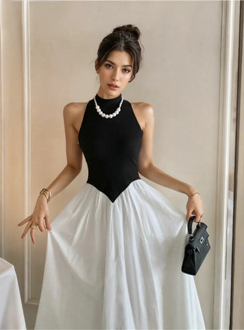 Contrasting Black Top & White Skirt High-Neck Dress