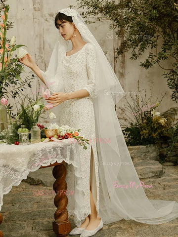 Scoop A Line Lace Half Sleeves Wedding Dress With Slit US2 Scoop A Line Lace Half Sleeves Wedding Dress With Slit US2