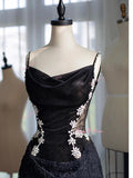 Lace Beading A Line Black Spaghetti Straps Prom Dress