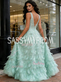 Green Feather Sequin A Line Tulle Prom Dress