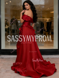 Satin A Line Ruffles Red Off The Shoulder Prom Dress With Slit