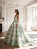Green Ball Gown Sequin Strap Tulle Ruffles Prom Dress