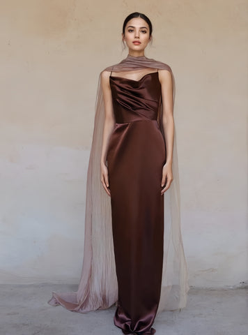 Ruched Satin Brown Sweetheart Prom Dress With Shawl