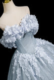 Gray Blue Tulle Flowers Ball Gown Prom Dress