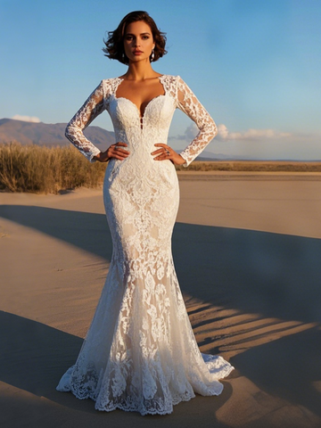 Sweetheart Lace Trumpet Mermaid Long Sleeve V Neck Wedding Dress