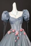 Tulle Flowers Short Sleeves A-Line Gray Prom Dress