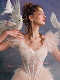V Neck Sheer Layer Short Mini Pink Ruffles Wedding Dress