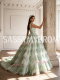 Green Ball Gown Sequin Strap Tulle Ruffles Prom Dress