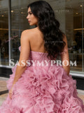 Ruffles Tulle Ball Gown Pink Strapless Prom Dress