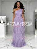 One Shoulder Tulle Sparkle Purple Ruffles A Line Prom Dress