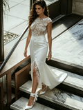 Scoop Lace Sheath Column Tulle Wedding Dress With Slit